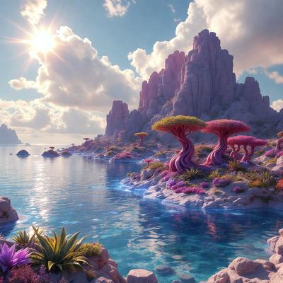 The primary subject of the image is a beautiful landscape featuring a large body of water with a rocky shoreline. The setting includes a mountainous background, adding to the picturesque scenery. The visual style of the image is a combination of photo and digital art, creating a vibrant and lively atmosphere. The colors and mood of the scene are predominantly blue and pink, with the water and flowers adding a sense of tranquility and natural beauty to the environment.